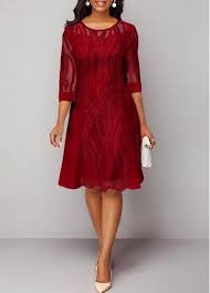 Women S Wine Red Lace A Line Cute Holiday Dress Solid Color Three Quarter Sleeve Zipper Back Midi Cocktail P Lace Dress With Sleeves Lace Dress Womens Dresses