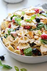 Combine chicken, drained pasta, sliced celery, raisins, and almonds in a large bowl. Summer Pasta Salad With Chicken And Berries The Real Food Dietitians