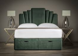 The art deco bed is a green bed with a large wooden bed frame. Gatsby Art Deco Bed By Sueno Achieve The Art Deco Look In Your Bedroom With This Geometrical Paneled D Art Deco Bedroom Art Deco Bedroom Furniture Art Deco Bed