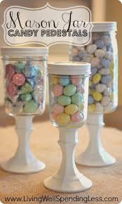 Diy Mason Jar Candy Pedestals Easy Pastel Party Decorations Jar Crafts Mason Jar Crafts Diy Mason Jar Diy