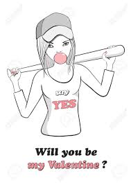 Wenn sie zwei zugestimmt haben, überspringen sie den valentinstag, bekommen sie ihn diese süße karte! Lustige Valentinstag Karte Mit Niedlichen Madchen Kaugummi Blasen Und Einem Baseballschlager Mochtest Du Mein Valentinstagsdate Sein Lizenzfrei Nutzbare Vektorgrafiken Clip Arts Illustrationen Image 51268328