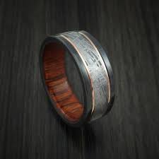 Black Zirconium And Gibeon Meteorite Ring With 14k Rose Gold Inlays And Wood Sleeve Custom Made Band Meteorite Ring Wedding Rings Unique Titanium Wedding Rings
