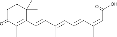 Isotretinoin is a retinoic acid that is all-trans-retinoic acid in which the double bond which is alpha,beta- to the carboxy group is isomerised to Z configuration. A synthetic retinoid, it is used for the treatment of severe cases of acne and other skin diseases. It has a role as a keratolytic drug, an antineoplastic agent and a teratogenic agent. It is a conjugate acid of a 13-cis-retinoate.