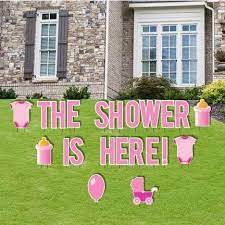 The Shower Is Here Girl Baby Shower Yard Cards 22 Piece Set Free Shipping 12864 Baby Shower Party Banner Baby Shower Background Safari Animals Baby Shower