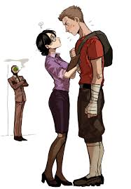 ma2 ereki, miss pauling, red scout (tf2), red spy (tf2), scout (tf2), spy ( tf2), team fortress 2, black footwear, striped, absurdres, highres, 1girl,  2boys, ?, animification, backpack, bag, bandaged arm, bandages, bandaid,