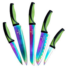 Silislick Kitchen Knife Set 5 Elegant Chef Knives Rainbow Blades Green Handle Knife Set Kitchen Global Knife Set Knife Sets