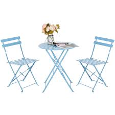 Giantex 3 pcs folding bistro set outdoor patio rocking chairs round table set 2 rocking chairs w/glass coffee table for yard, patio, deck, backyard padded seat (blue & gray) 4.7 out of 5 stars 244 $169.99 $ 169. Hollyhome Outdoor Balcony Folding Steel Bistro Furniture Sets Patio 3 Piece Of Foldable Table And Chairs Blue Buy Online In Antigua And Barbuda At Antigua Desertcart Com Productid 62448993