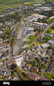 Shopping center at street Freiladestrasse in Brilon, 27.06.2011, aerial  view, Germany, North Rhine-Westphalia, Brilon Stock Photo - Alamy