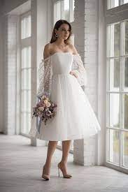 Boho Wedding Dress Tea Length Short Mini Tulle Peas Light Ivory Wedding Gown Off Sloulder Long Sleeve Elegant Beach Short Modern Simple Lace Tea Length Dresses Tea Length Wedding Dress Short