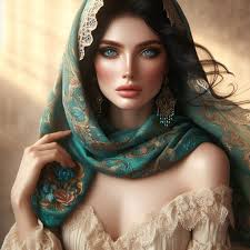 Prompt Woman with a headscarf A highly detailed and artistic portrait of  caucasian woman with flowing black hair wearing a elegant teal head scarf  adorned with intricate lace edging, She has striking