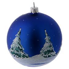 Boule de noel multicolore 1. Boule Noel Verre Bleu Et Arbres Enneiges Decores 100 Mm Vente En Ligne Sur Holyart