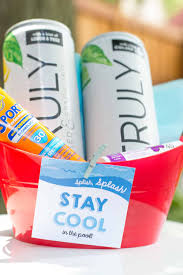 Simply buy a variety of ice cream flavors at the store, fill bowls in advance with a couple scoops each and let your guests go wild with toppings like hot fudge, sprinkles, whipped cream or even homemade strawberry shell. Sips And Poolside Dips Hostess Gift Elva M Design Studio