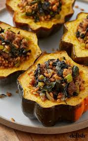 This Farro Sausage Stuffed Acorn Squash Is Fall Dinner Goals Recipe Sausage Stuffed Acorn Squash Acorn Squash Recipes Acorn Squash