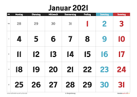 Alle kalenderwochen (kw) für 2021. Kalender Januar 2021 Zum Ausdrucken Mit Ferien Kalender 2021 Zum Ausdrucken