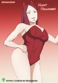 erogakure, uzumaki kushina, naruto (series), naruto shippuuden, absurdres,  highres, 1girl, artist name, bare shoulders, black eyes, breasts, cleavage,  costume, covered navel, demon horns, devil costume, fake horns, gradient  background, hand on own