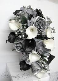 Black And Silver Wedding Bouquet Cascading Bouquet Silver Rose Black And White Calla Lily Wedding Bouquet Cascade Bouquet Silk Wedding Flowers Calla Lily Wedding Red Bouquet Wedding White Silver Wedding