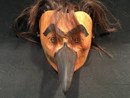 OLDER CARVED MASK 'RAVEN HUMAN' SIGNED BY TSIMSHIAN ARTIST PETER PREVOST