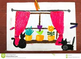 Zeichnen Fenster Mit Fenstervorhangen Schonen Blumen Und Katzen Stock Abbildung Illustration Von Zeichnen Fenstervorhangen 99299426