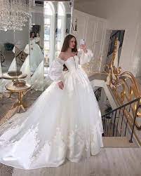 Stunning Royal Ivory Satin Off Shoulder Princess Wedding Dress Made To Order Off Shoulder With Long Sleeves Satin Bridal Gown Ball Gowns Wedding Fairytale Dress Wedding Dresses