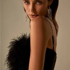 NADINE MERABI Kara Black Feather Crop Top with Silver Straps