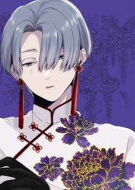 asagi nanase, milgram, highres, 1boy, black gloves, china dress, chinese  clothes, dress, earrings, facing viewer, floral print, gloves, grey eyes,  grey hair, jewelry, kirisaki shidou, looking down, male focus, mole, mole  under