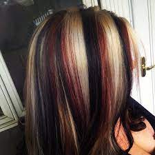 Red Blonde And Black Pinwheel Hair Color Hair Color For Black Hair Hair Color Highlights