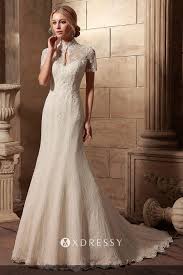 High neck dress with sleeves. Illusion Lace High Neck Short Sleeve Wedding Dress Xdressy