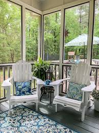 White Adirondack Chairs With Blue And Aqua Rug Back Porch Makeover Screened Porch Decorating Porch Makeover