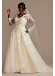 Off shoulder tulle ball gown wedding dresses floral flowers beaded. Lace And Tulle Long Sleeve Ball Gown Wedding Dress David S Bridal