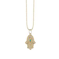 Yellow Gold Hamsa Necklace With Turquoise Diamonds Necklaces Jewelry