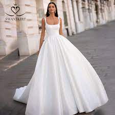 The lace turtleneck style collar adds sophisticated charm. Swanskirt Shiny Lace Satin Wedding Dress 2021 Classic Square Collar Sleeveless A Line Princess Vestido De Novia I302 Bridal Gown Wedding Dresses Aliexpress