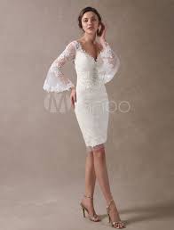 Boho Wedding Dresses Short Sheath Beach Bridal Dress Bell Sleeve Lace Applique V Neck Knee Length Summer Wedding Gowns Bell Sleeve Wedding Dress Summer Wedding Gowns Civil Wedding Dresses