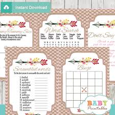 A blindfolded person tries to feed them baby food. Burlap Pink Tribal Arrow Baby Shower Games D240 Baby Printables