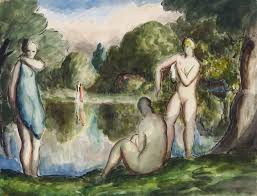 Harold Hope Read | Female nudes bathing by a lake in a leafy glade |  MutualArt