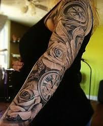 Roses Pearls Feathers Watch And Compass Sleeve Tattoos Sleeve Tattoos For Women Tattoos