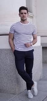 Black And White Striped T Shirt Outfit Men Cantimagineit With A Summer Outfit Idea With A White Navy Striped T Shirt Navy Pants Silver Banded Watch No Show Socks White Sneakers Summerstyle Summer