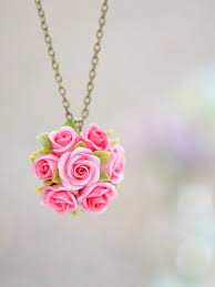 Pink Rose Flowers Necklace Polymer Clay Handmade Rose Polymer Clay Jewelry Diy Jewelry Necklace Diy Jewelry Necklace Beads