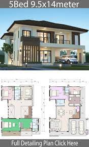 Around the wall there is a small decorative pool. House Design Plan 9 5x14m With 5 Bedrooms Style Modern Tropicalhouse Description Number Of Beautiful House Plans 2 Storey House Design Affordable House Plans