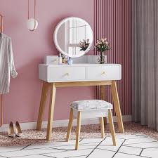 Enstver vanity set with dimmer led light bulbs,makeup table with frameless hollywood mirror and cushioned stool,5 drawers,solid wood legs dressing table for bedroom,white. Corrigan Studio Makeup Vanity Table Set With Round Mirror Built In 3 Colour Led Light Dressing Desk With 4 Drawers And Cushioned Stool For Bedroom White Reviews Wayfair Ca