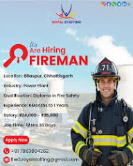 We're Hiring Fireman – Bilaspur, Chhattisgarh! Join a leading Power Plant and build a career that protects lives and ensures safety. Location: Bilaspur, Chhattisgarh Qualification: Diploma in Fire Safety Experience: 6 Months –
