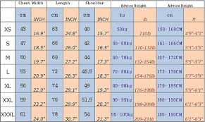 T Shirt Measurements Size Weight Chart Sbz 2003
