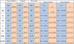 T Shirt Measurements Size Weight Chart Sbz 2003