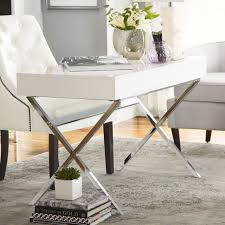 Features Modern High Gloss Finish Sturdy Yet Stylish Silver Metal Legs Desk Type Writing Desk To Home Office White Desk Furniture Modern Computer Desk