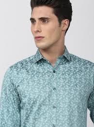 V Dot Green Cotton Slim Fit Printed Shirt