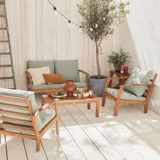 À chiner canapé et fauteuil 1950 sur selency. Salon De Jardin En Bois 4 Places Ushuaia Coussins Vert De Gris Canape Fauteuils Et Table Basse En Acacia Design