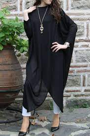 gessy yarasa kol kolyeli uzun salas tunik elbise siyah moda mistik moda kadin giyim elbise