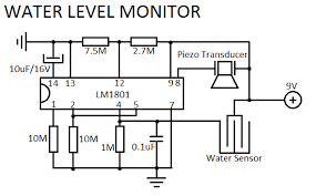 This water level indicator alarm circuit produces an alarm when water level is below the lowest level and also when water just touches the highest level. Water Level Sensor Circuit