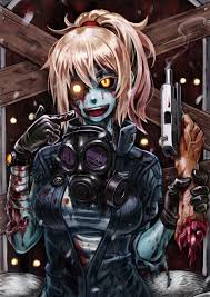 tony (chikaku kabin), call of duty, call of duty: black ops, highres,  1girl, bad end, bandages, black sclera, blonde hair, blood, blue skin,  colored sclera, colored skin, evil smile, gas mask, gloves,