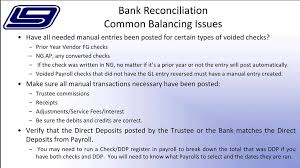 The formula is (cash account balance per your records) plus or minus (reconciling items) = (bank statement balance). Reconciling To The Trustee Or Bank Ppt Download