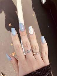 Light Blue Marble Nails Acrylic Nails Coffin Short Marble Acrylic Nails Grey Acrylic Nails